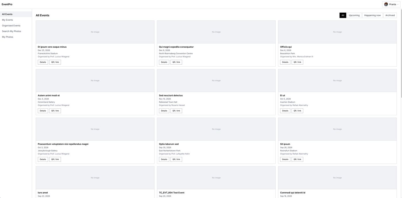 Event Photo Event list filtered by upcoming, happening now and archived