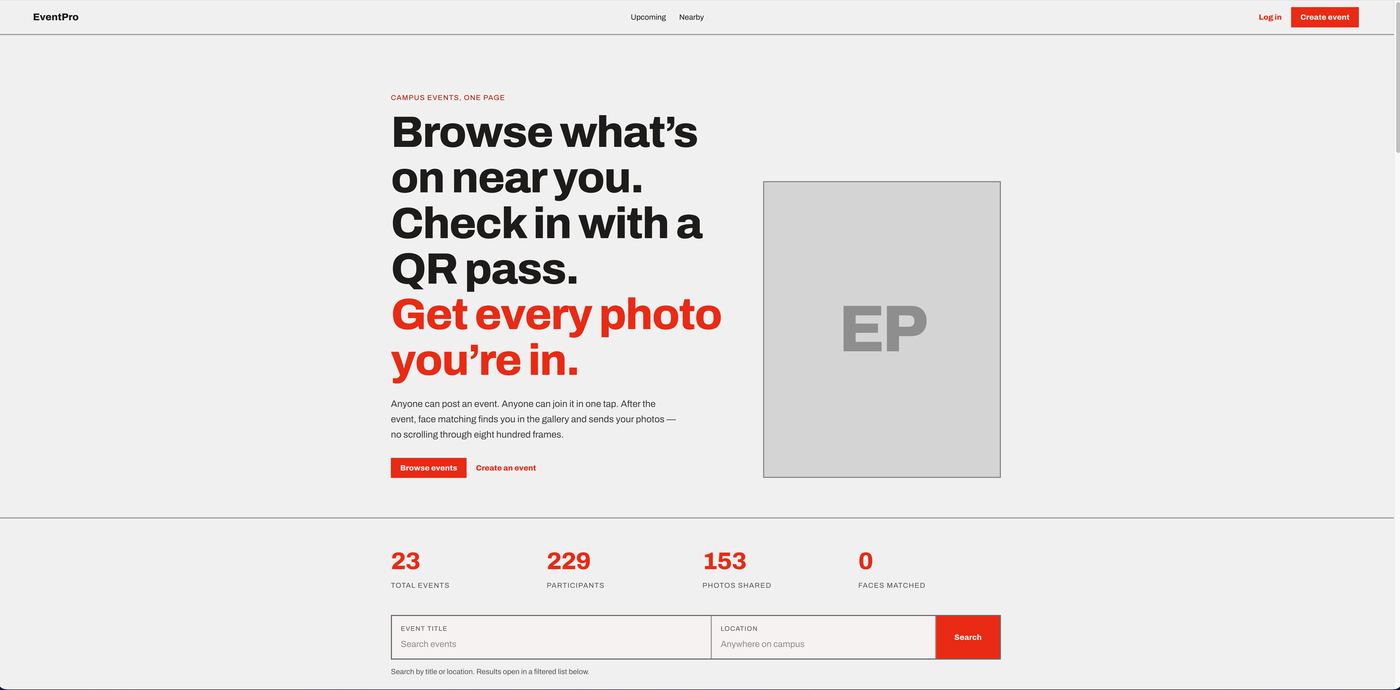 Event Photo Public landing page with event search and live platform counters