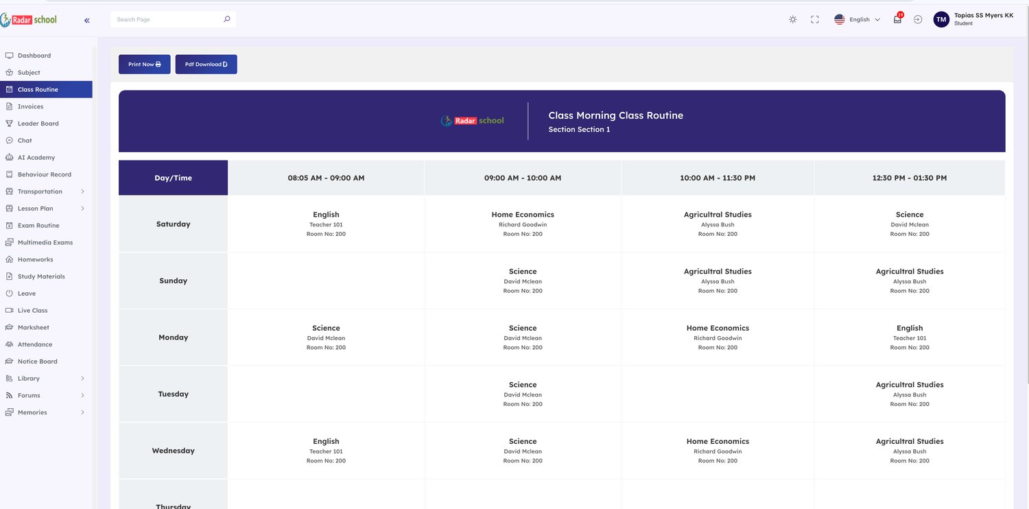 Generated class routine with print and PDF export