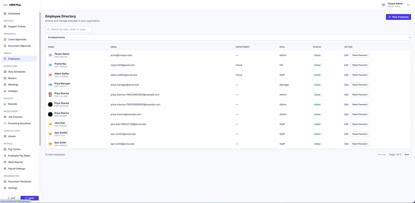 HRM PLUS Directory with department, role and status filtering