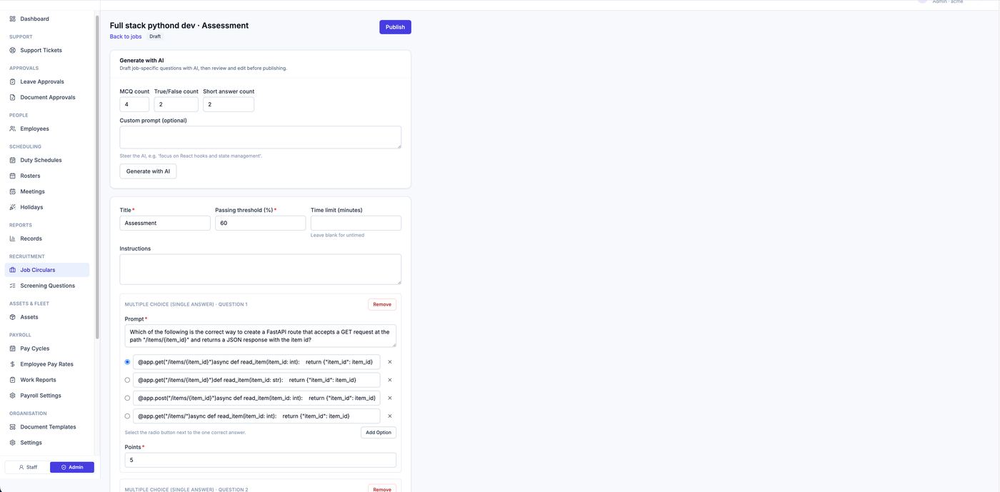 HRM PLUS LLM-generated screening questions with review before publishing