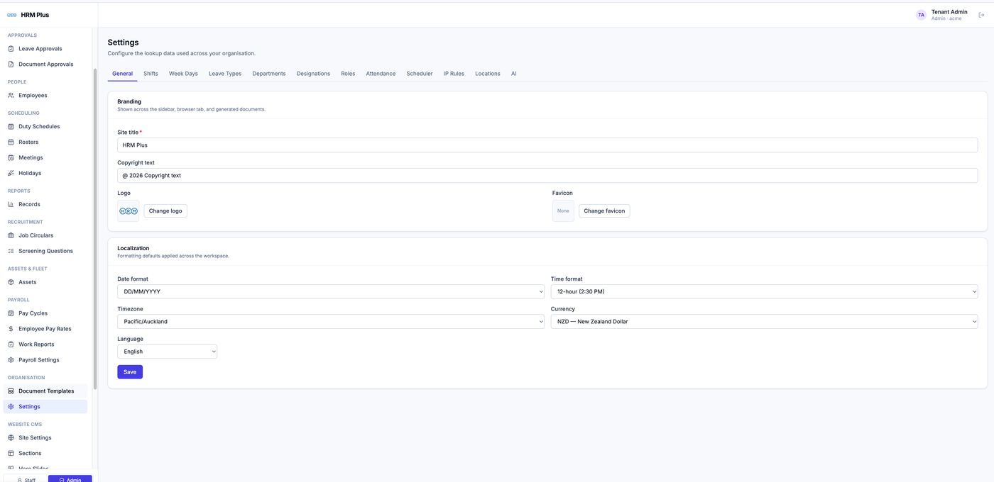 HRM PLUS Per-tenant branding, timezone, currency and localisation