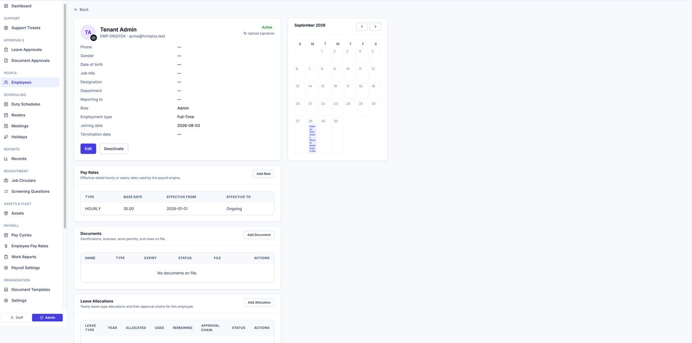 HRM PLUS Profile with effective-dated pay rates, documents and leave allocations