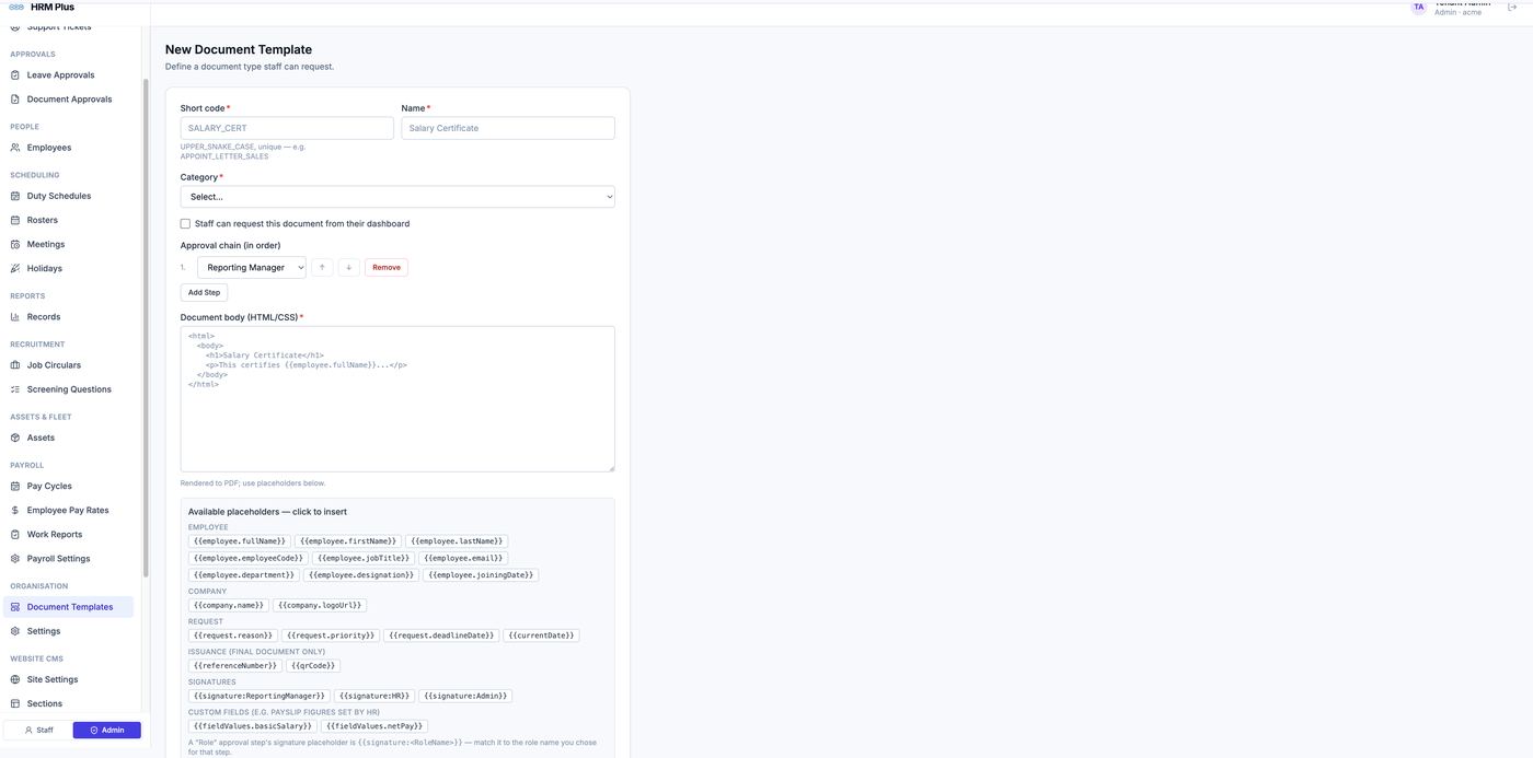 HRM PLUS Template builder with approval chain, placeholders and signature fields