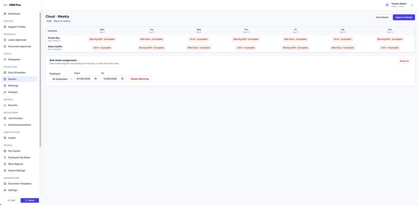 HRM PLUS Weekly roster with auto-roster generation and bulk editing