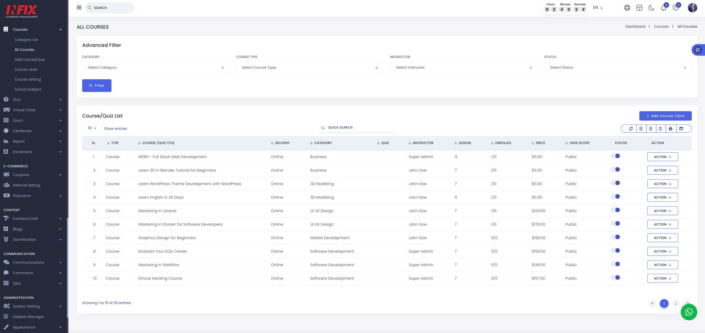 Infix LMS Admin course and quiz list with advanced filtering and export