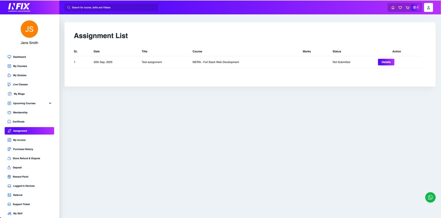 Infix LMS Assignment list with due dates and submission status
