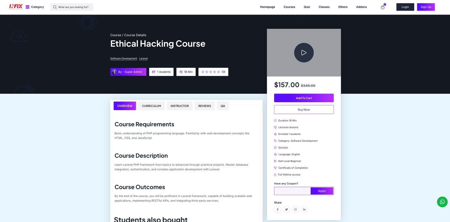 Infix LMS Course detail with curriculum, pricing, coupons and cart