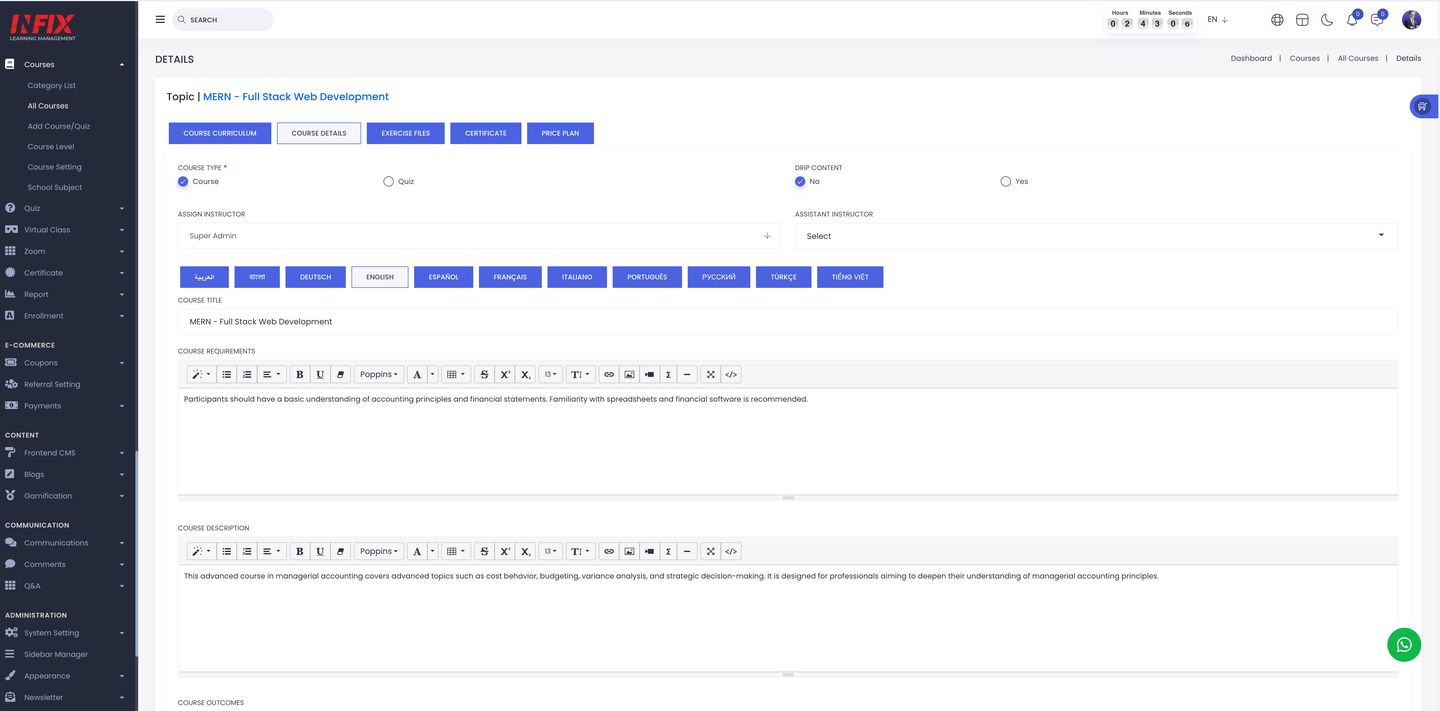 Infix LMS Course editor with curriculum, drip content and multi-language fields