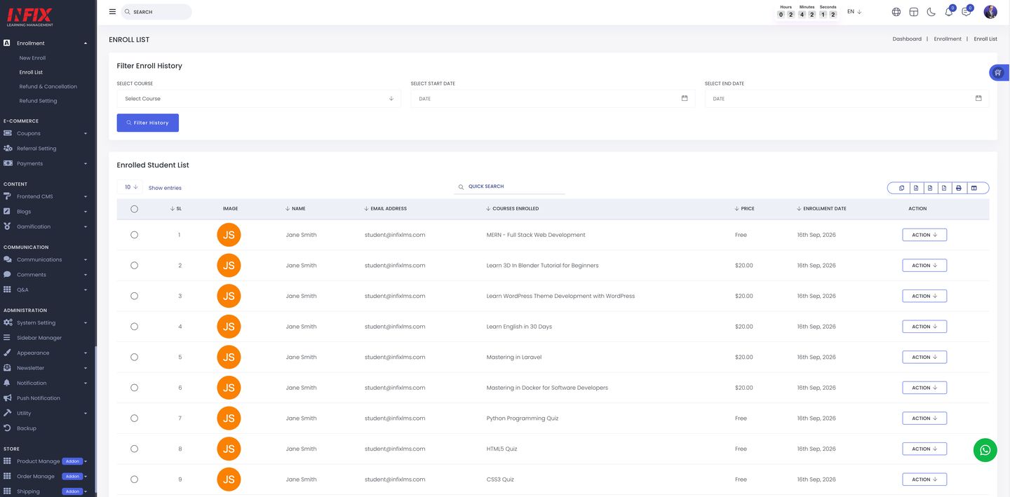 Infix LMS Enrolment history with course, price and date