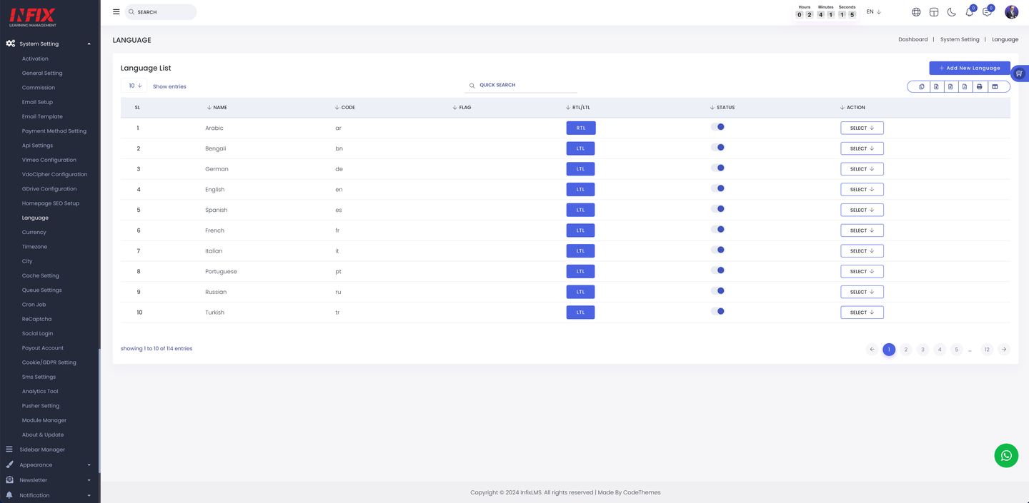 Infix LMS Language list with RTL support and per-locale status
