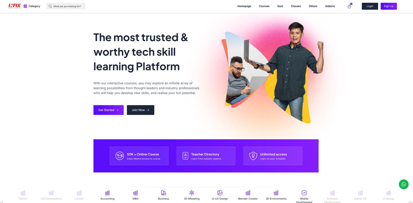 Infix LMS Public storefront with category browsing and search