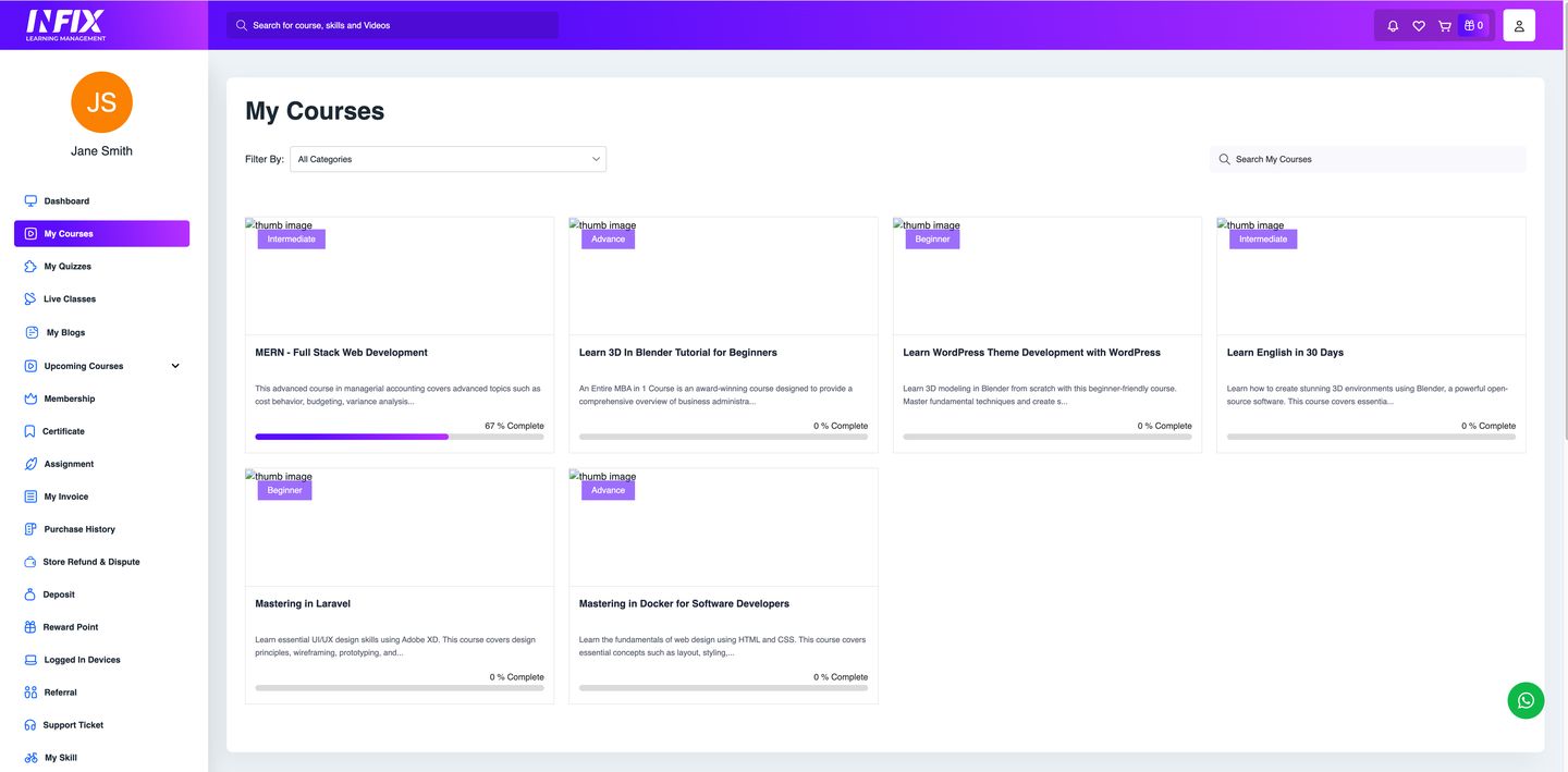Infix LMS Student course list with per-course completion