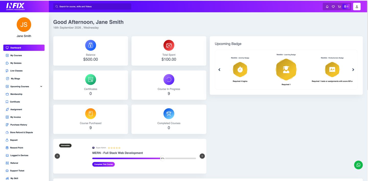 Infix LMS Student dashboard with balance, progress and gamification badges