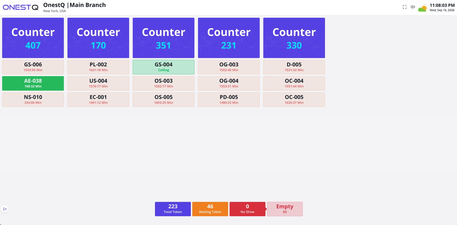 Smart Queue Big-screen counter display with the calling token highlighted