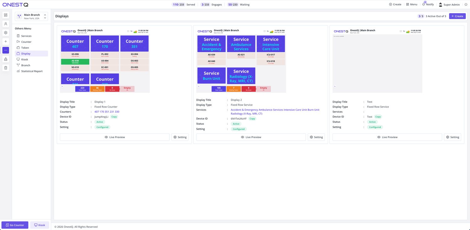 Smart Queue Display devices with layout type, paired counters and live preview