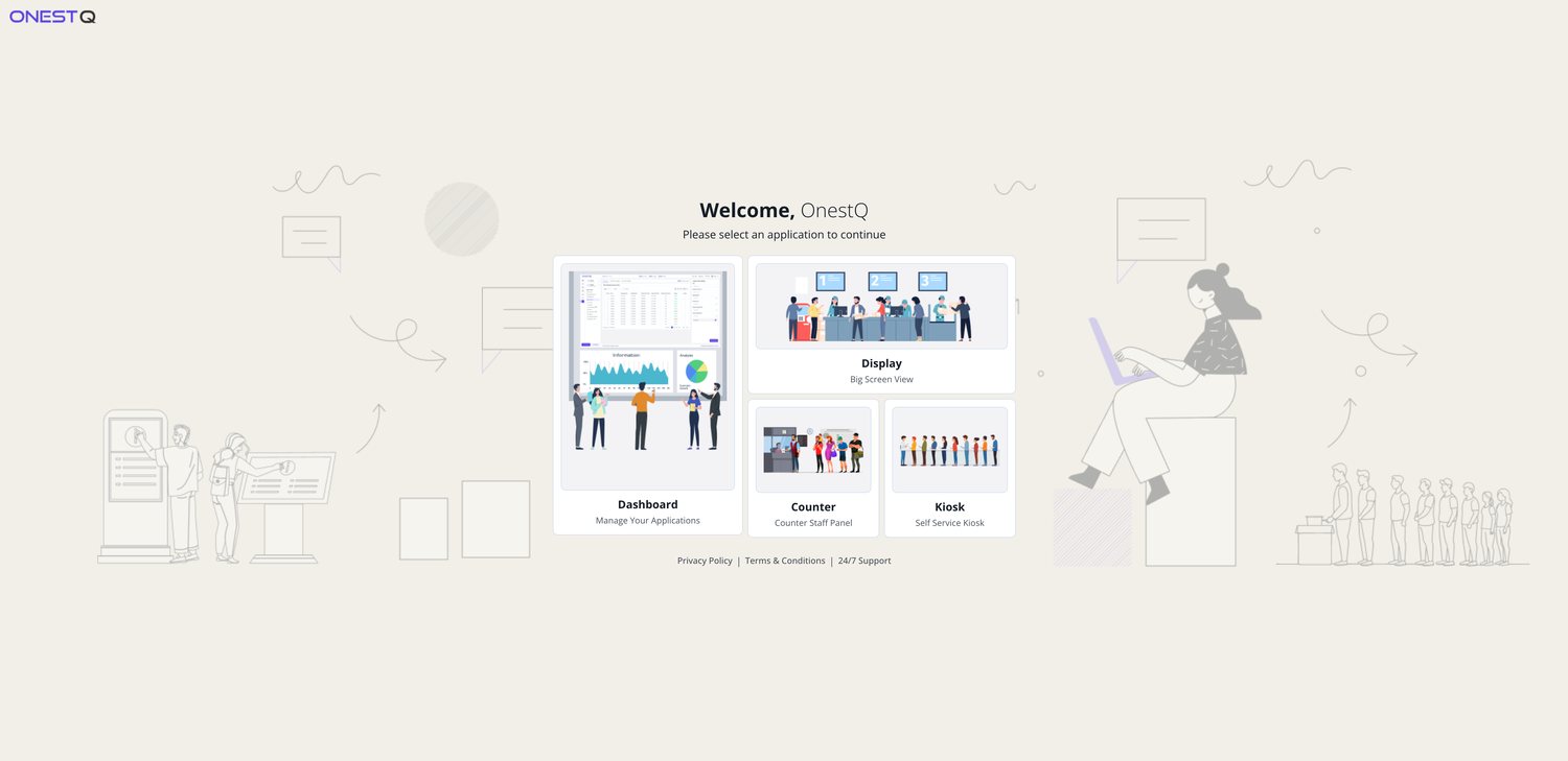 Smart Queue Entry screen for choosing dashboard, display, counter or kiosk
