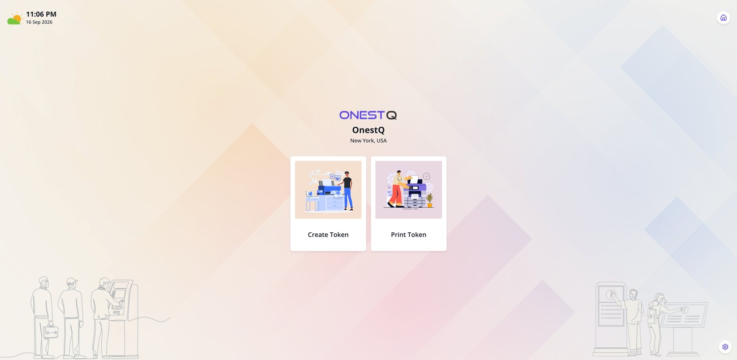 Smart Queue Kiosk home screen for creating or printing a token