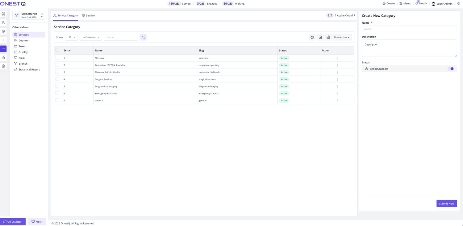 Smart Queue Service category management with export and status control