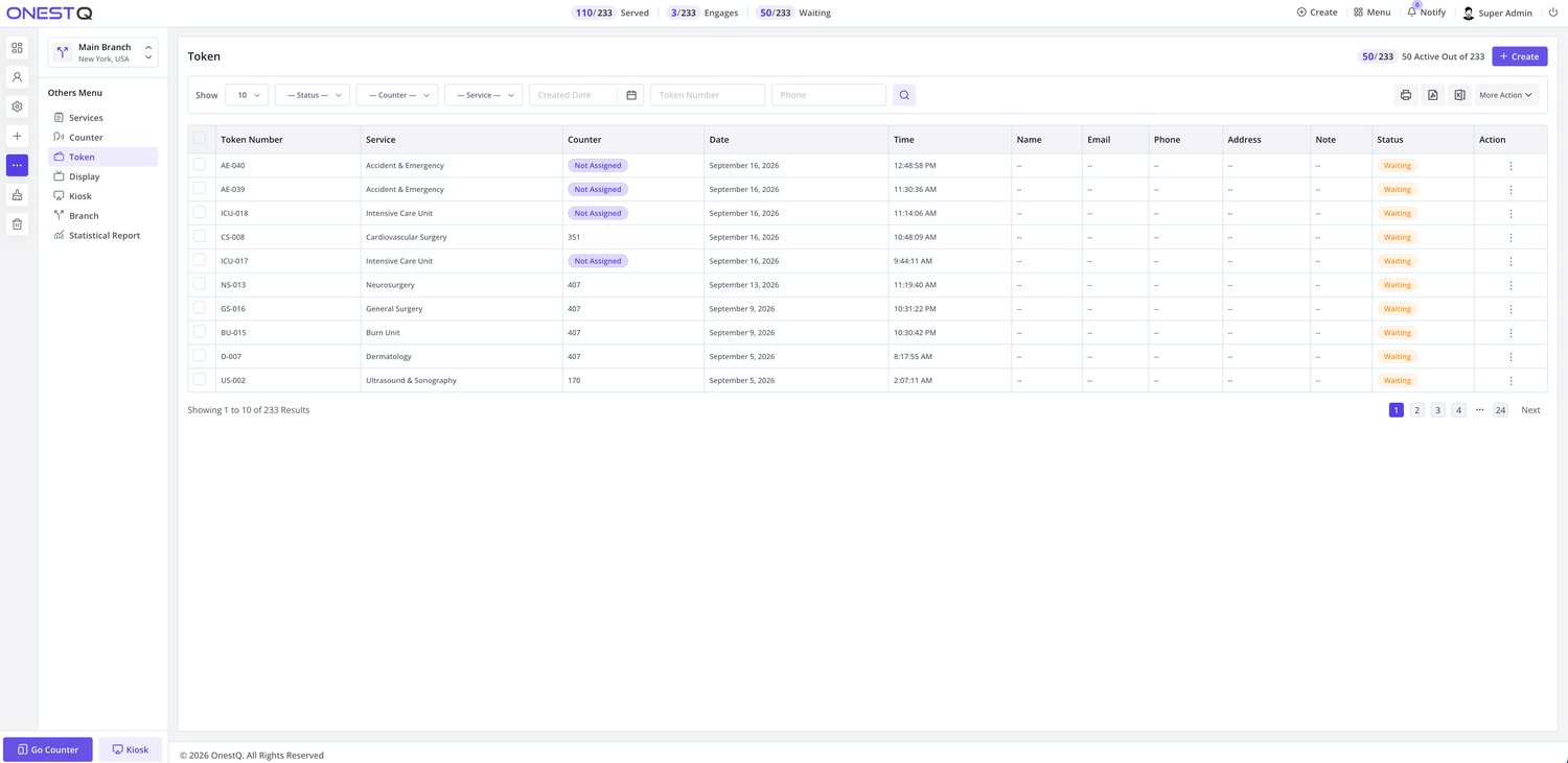Smart Queue Token history filtered by service, counter, date and status