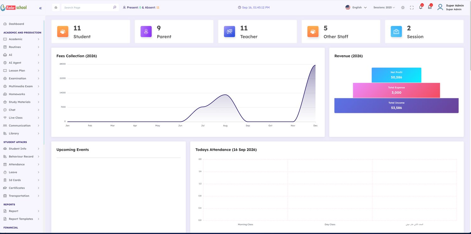 Super admin dashboard with fees collection and revenue charts
