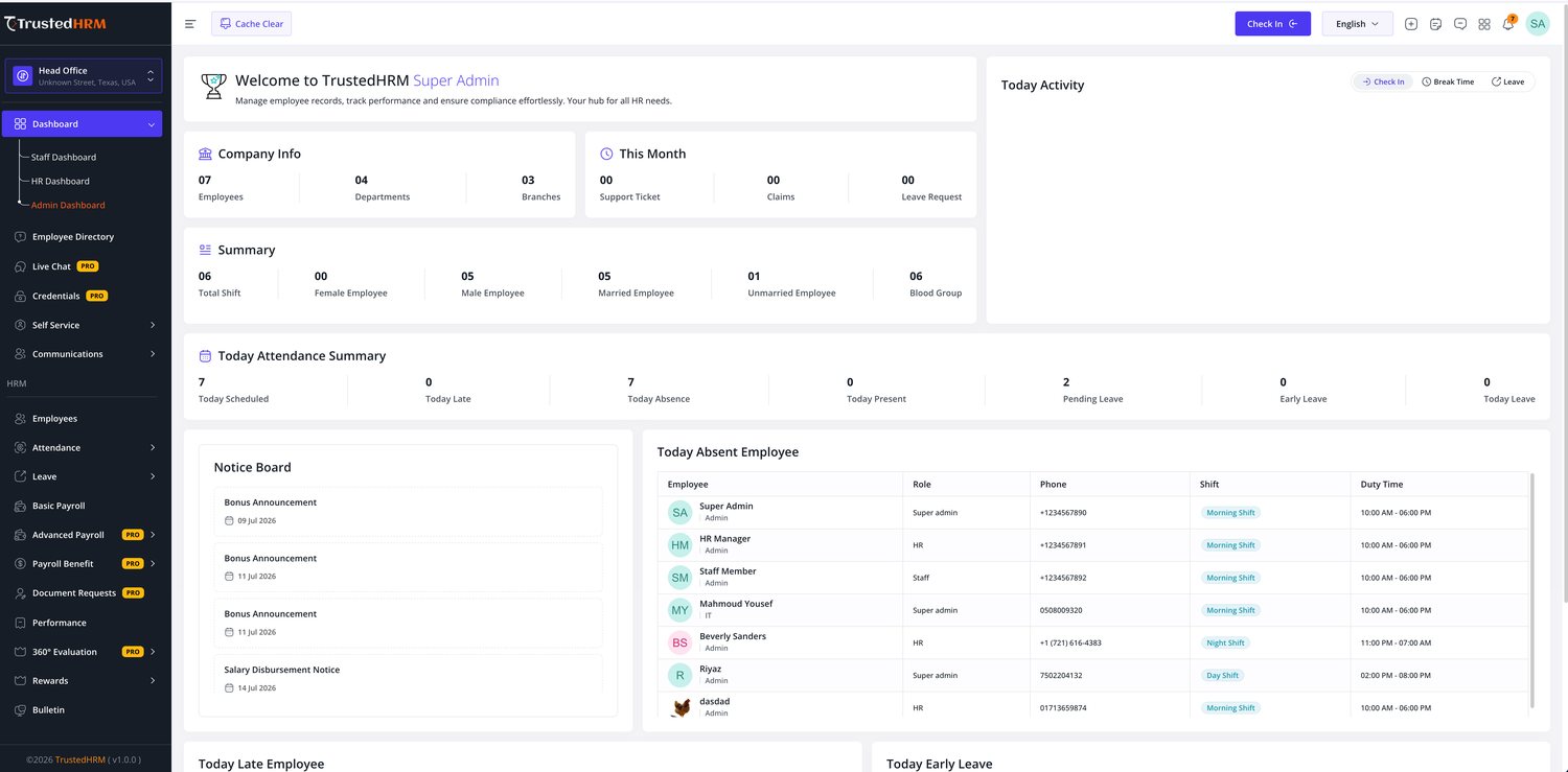 Trusted HRM Admin dashboard with company info and attendance summary