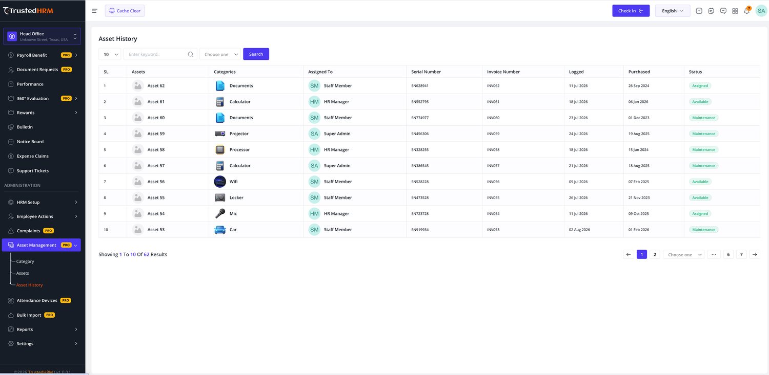 Trusted HRM Asset history with assignment, serial and invoice tracking