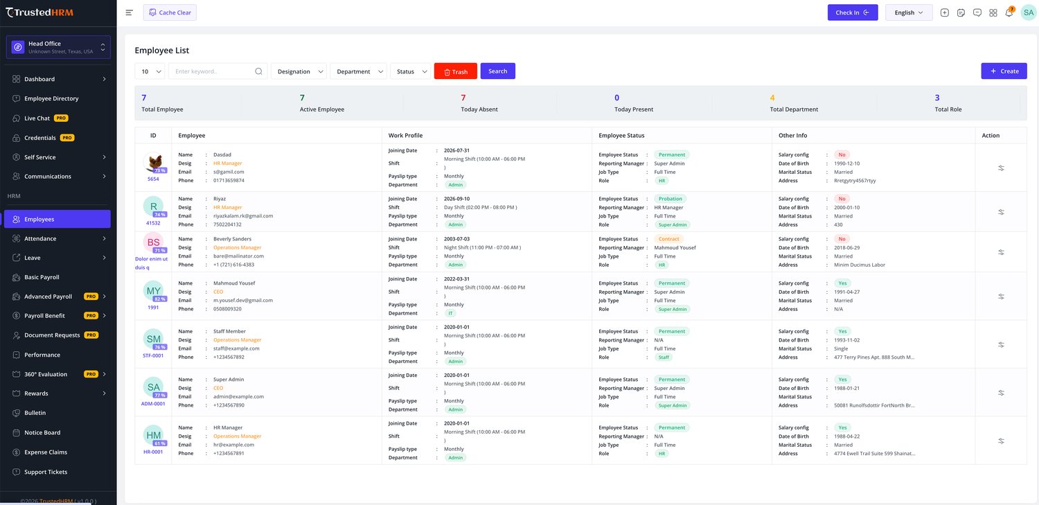 Trusted HRM Employee list with work profile, status and filtering