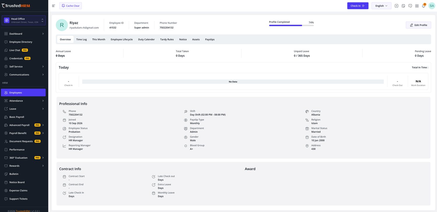 Trusted HRM Employee record with lifecycle, duty calendar, assets and payslips
