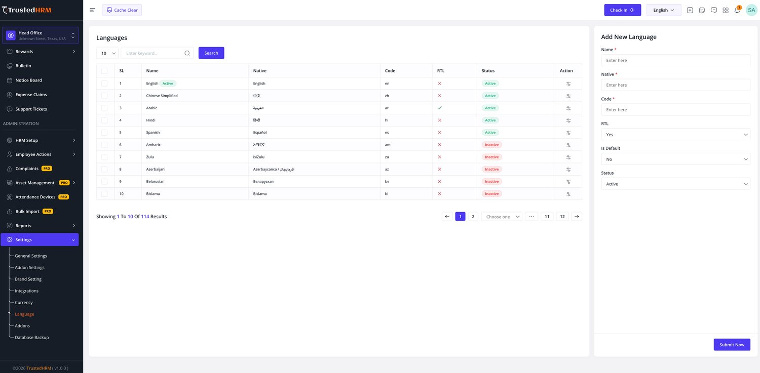 Trusted HRM Language settings with RTL support across locales