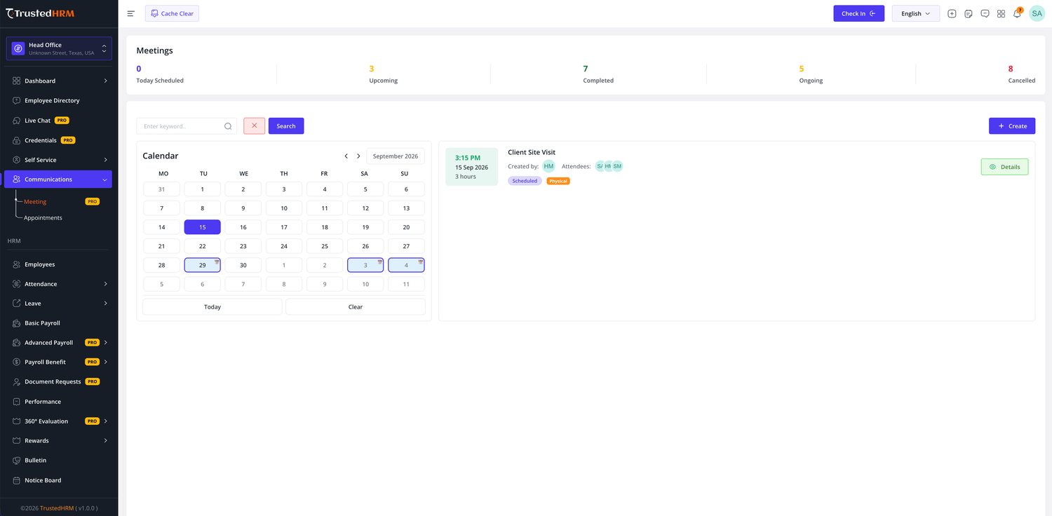 Trusted HRM Meeting calendar with attendees and status