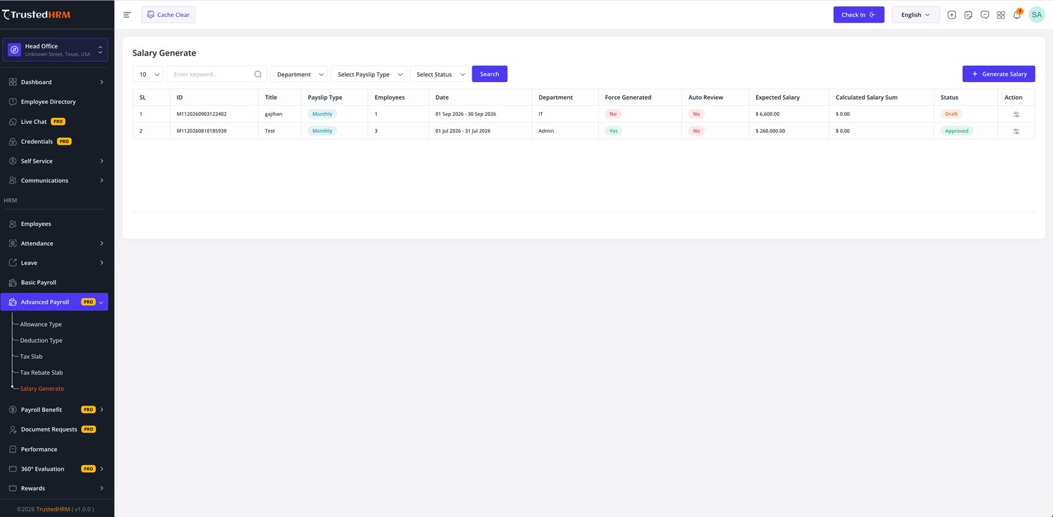 Trusted HRM Salary generation with payslip type, department and approval status