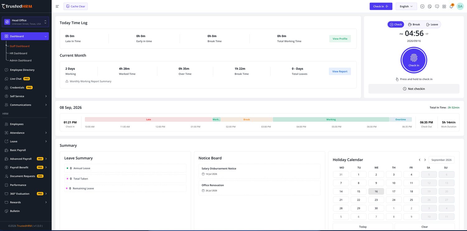 Trusted HRM Staff dashboard with time log, overtime and holiday calendar